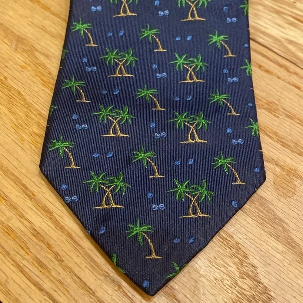 J Crew 100% Silk USA Made Tie Navy Blue Green Palm Trees